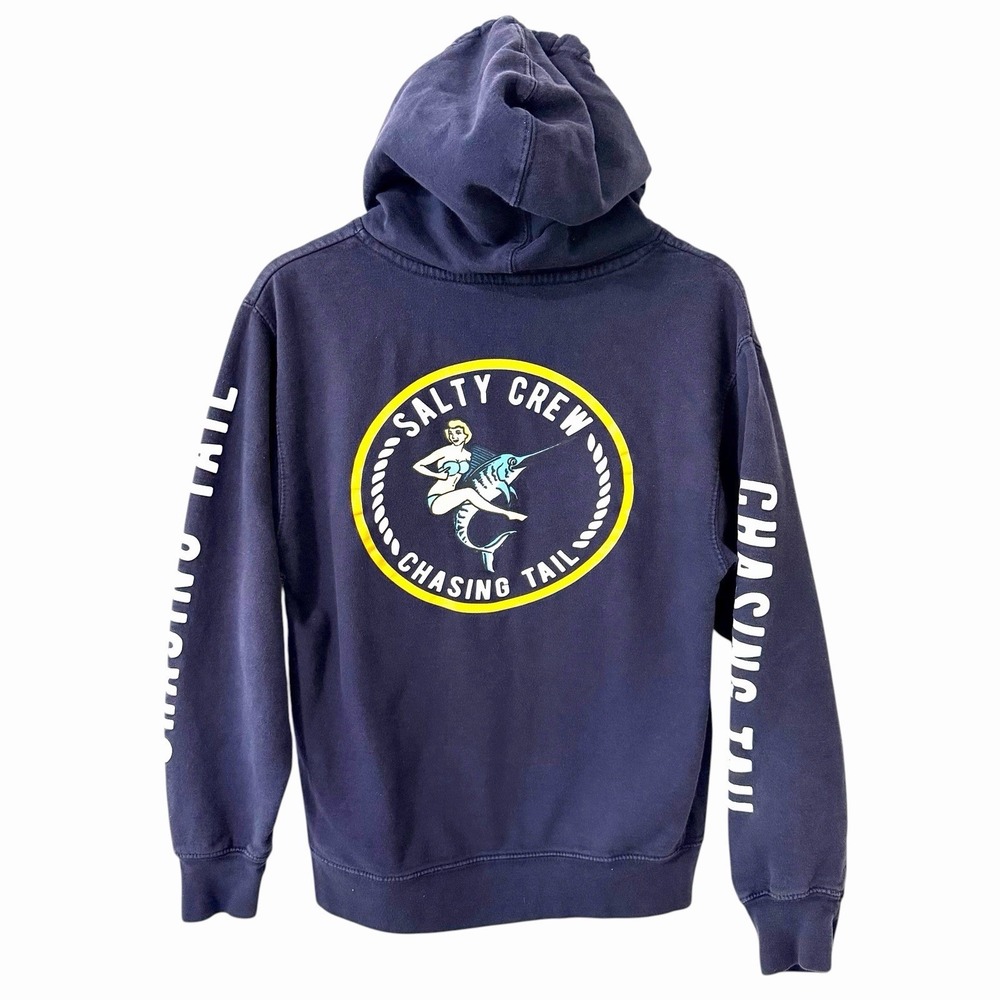 Salty Crew Hoodie Mens Navy Chasing Tail Graphic Surf Fishing Pullover Small - Picture 2 of 8